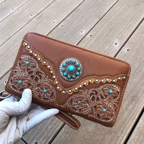Western Montana west embroidery turquoise wallet - Picture 6 of 7